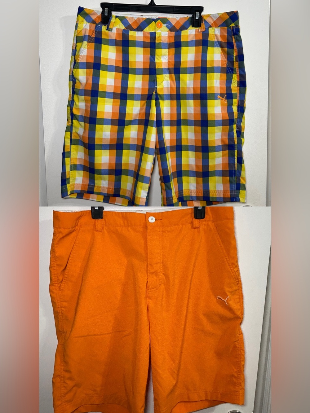 PUMA Men’s 2 Shorts Bundle Yellow & Orange Plaid and Orange Golf Shorts